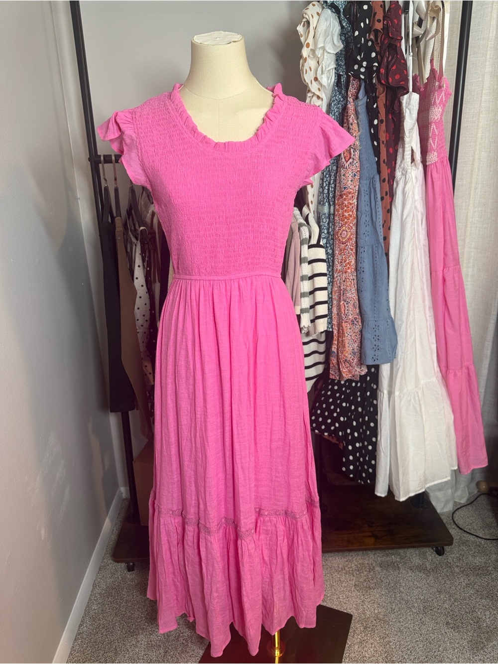 Feminine Hot Pink Tiered Maxi Dress with Smocked Bodice